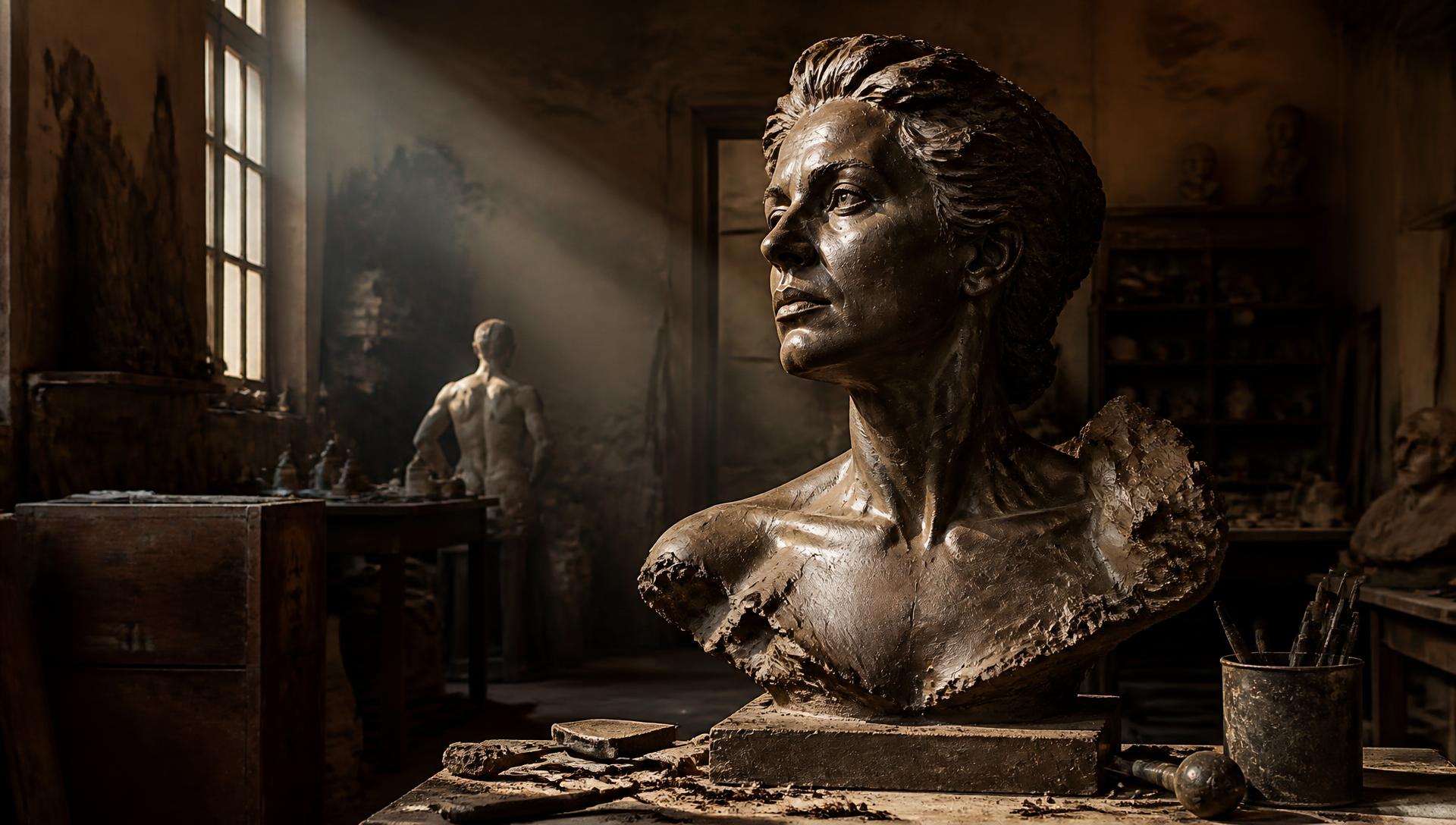 Busto in bronzo nell'atelier dell'artista